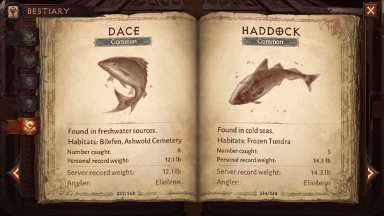 Diablo Immortal update - screenshot of the Angler's Log, showing details of a caught Dace and Haddock
