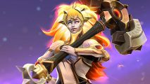 Dota 2 bans 40,000 accounts as Valve says “cheaters never welcome”: A woman with golden hair and pale silver skin stands holding a huge hammer on a purple celestial background