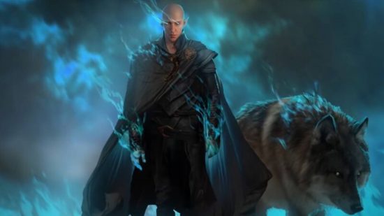 Dragon Age Dreadwolf devs will answer all your questions, except that: A bald elf man stands next to a huge hulking black wolf surrounded by blue mist