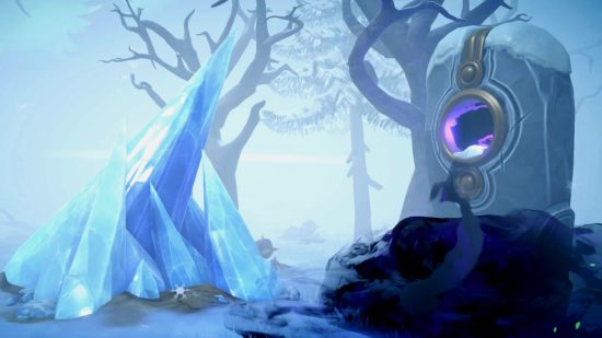 Dreamlight Valley Quests Great Blizzard: The Blizzard bao quanh những chiếc gai băng khổng lồ và trụ cột Frosted Heights
