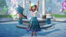 Dreamlight Valley Mirabel quests: Mirabel Madrigal stands in front of the Plaza Wishing Well