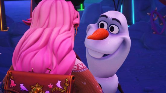Dreamlight Valley Olaf Great Blizzard quests: Olaf smiles as he gives you a hug