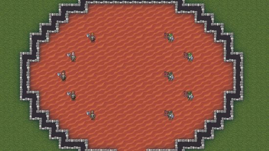Dwarf Fortress arena mode update: Five dwarves holding axes face off against five armoured goblins with flails in a round stone arena with a sandy floor in Dwarf Fortress