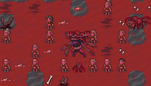Dwarf Fortress mod The Thing: A huge misshapen beast with four arms that terminate in mouth-like claws and red antlers on its head stands among several red-hued dwarves in a pool of red liquid