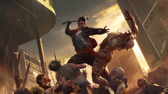Dying Light 2 roadmap 2023: Aiden Caldwell stands atop a horde of zombies, ready to swing a hatchet at the next one to reach out at him, in a ruined metropolitan street at dusk