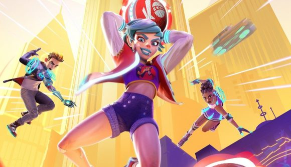 Another EA game bites the dust as Knockout City is no more: A woman with blue hair wearing a cropped top and high waisted shorts throws a dodgeball down at the camera on a yellow background