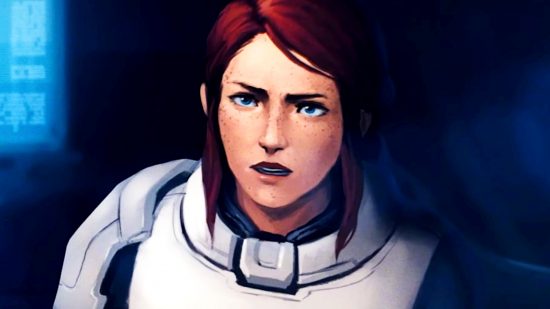 Everspace 2 - a freckled woman with shoulder-length red hair wearing a space suit