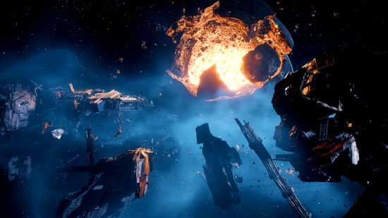 Everspace 2 release date - celestial bodies and other assorted ship debris float in a hazy cluster in space