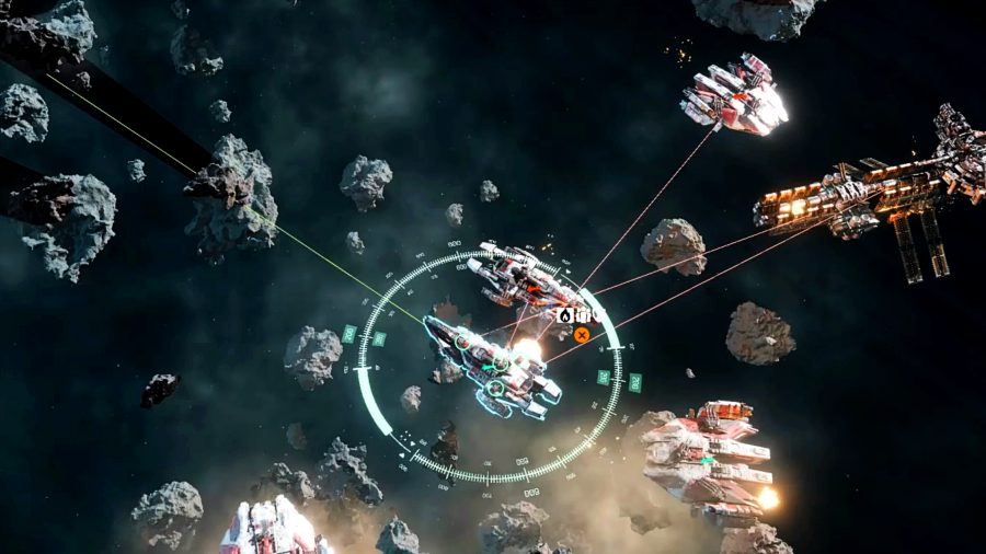 Falling Frontier - multiple ships navigate an asteroid cluster in space