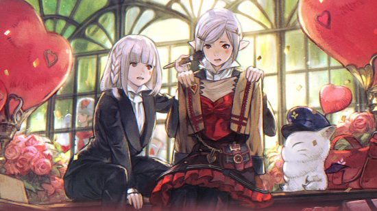 Two elf girls with pink hair look at a brown, white, and black frilly dress with concern