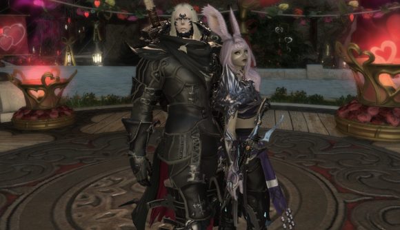Two Final Fantasy characters; a female with pink hair and bunny ears leans on a tall draconic man in heavy black armour