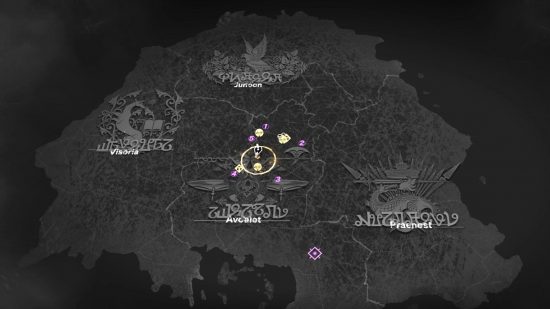 An in-game map from Forspoken showing different points of interest in Athia