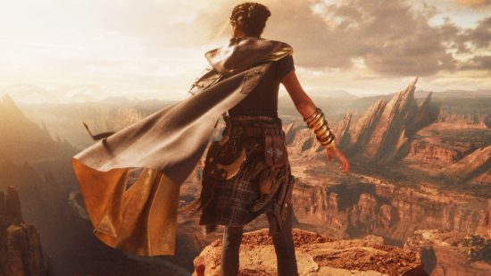 The Forspoken map is basically Manhattan, helping Frey feel at home: A young black woman with her hair in a bun stands above a huge canyon facing away from the camera as the wind blows her grey cloak