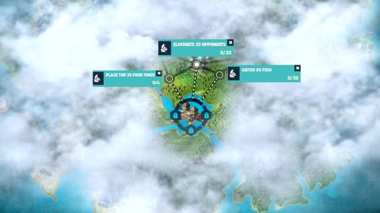 Fortnite School of Llama quests and rewards: A map shows Path 1, all three starter quests on path 1 of the School of Llama The Witcher event in Fortnite