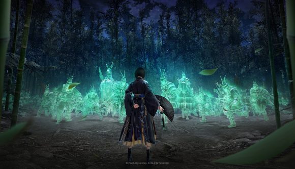Free MMO games: Black Desert Online. Image shows a character standing near many ghostly apparitions in the forest.