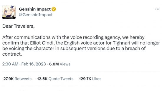 A statement from Genshin Impact creator HoYoverse on Twitter about Tighnari's voice actor's removal from the anime game