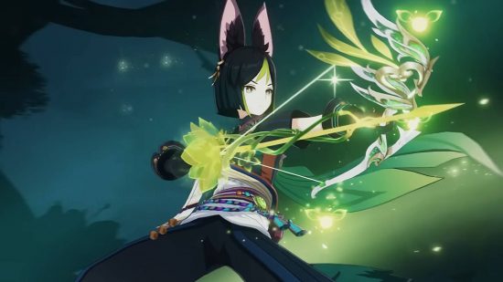 Genshin Impact Tighnari voice actor removed after "breach of contract": A pale anime boy with huge navy bunny ears and a bob cut with a neon green fringe fires a celestial plant-inspired bow