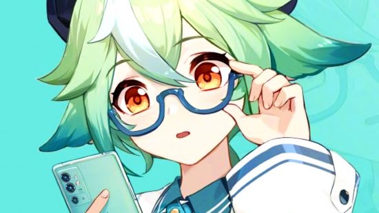Genshin Impact Twitter login - Sucrose, a green-haired character with glasses, looks at a mobile phone