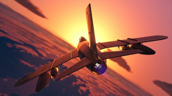 GTA 5 mod adds realism to Rockstar sandbox game: A fighter plane soars through the sky at sunset in Grand Theft Auto 5