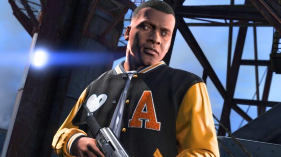 GTA 5 mod adds realism to Rockstar sandbox game: a young man in a letterman jacket, Franklin, holds an assault rifle
