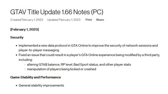 GTA 5 update 1.66 - patch notes for the security-focused update