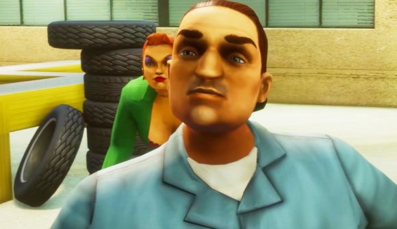 GTA Definitive Edition hits Epic Games Store, cheap, but still buggy: A car mechanic, Joey Leone from Rockstar sandbox game GTA 3, smiles
