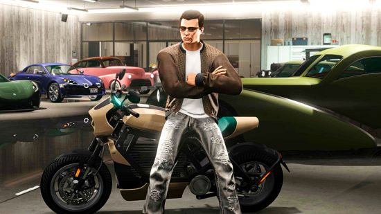 GTA Online weekly update - a man leans against a motorbike in a stylish garage full of flash cars