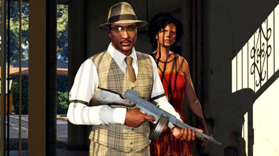 GTA Online weekly update - aa man in a gangster outfit holding a tommy gun, with a woman in a red dress behind him