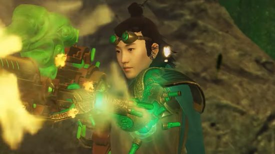 An Asian man with his hair tied back in a bun shoots an ornate golden weapon with jade green inlays