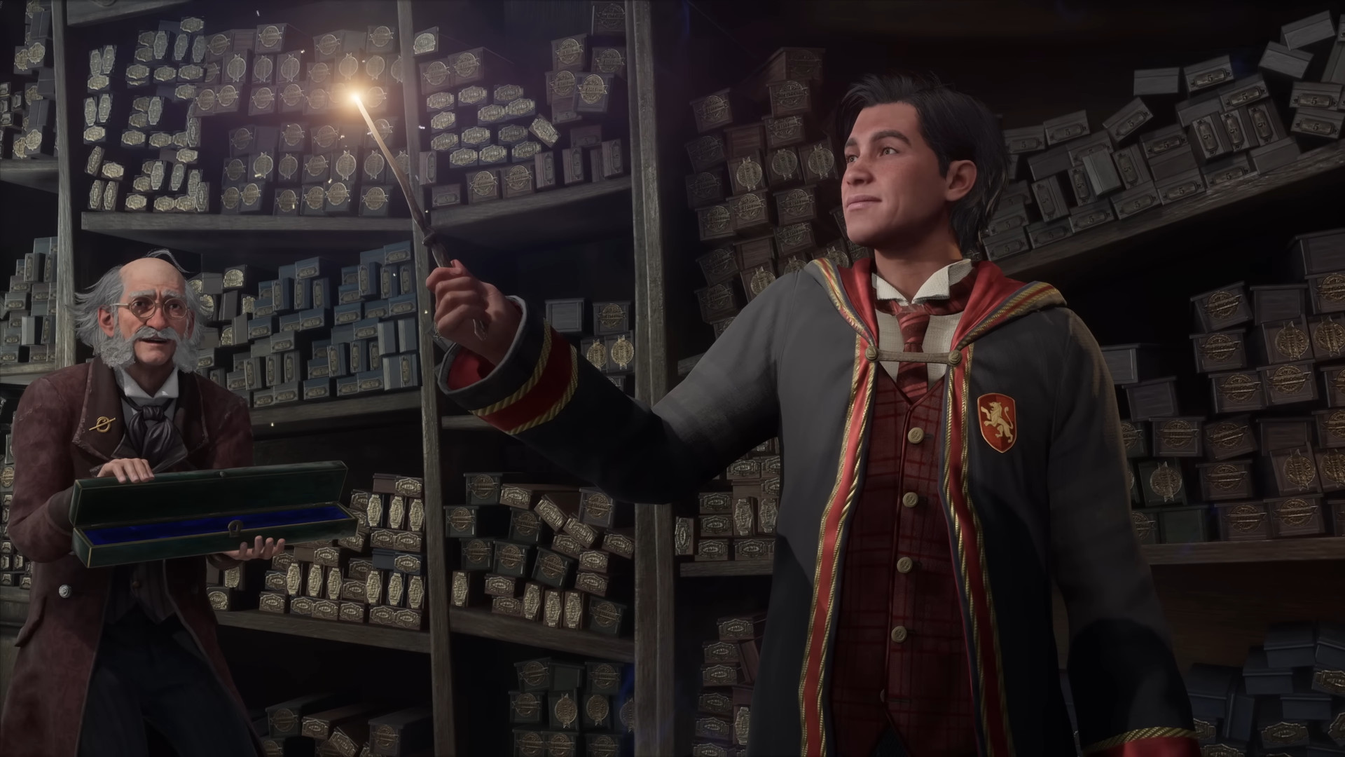 Best Hogwarts Legcacy settings: A student holds their wand, arm outstretched, and gazes in admiration at the warm glow eminating from its tip