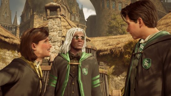 Hogwarts Legacy characters: three students talking to each other outside of a barn