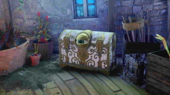 Hogwarts Legacy chests with eyes: a white chest with a large eyeball looking at nearby students