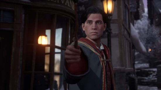 The Hogwarts Legacy player character holds their want, prepared to enage in a duel