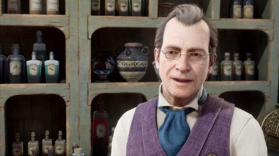 Is Diagon Alley in Hogwarts Legacy: The owner of J Pippin's Potions in front of shelves of potions in his shop