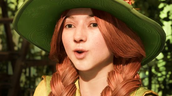 Hogwarts Legacy DLC news - Professor Garlick, a young lady with long, auburn hair in braids wearing a green dress and hat, maxes an excited open-mouth expression