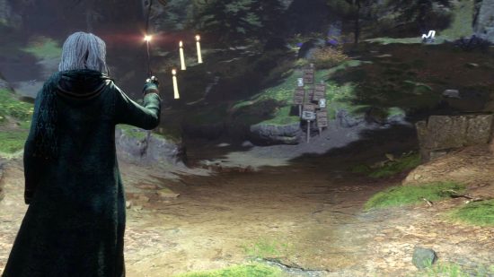Hogwarts Legacy Ghost of our Love: A Slytherin student following three enchanted candles into the Forbidden Forest at night