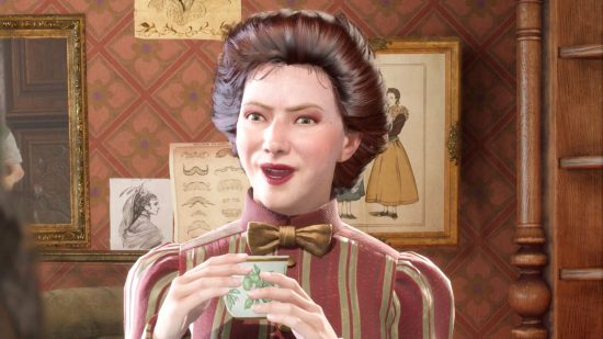 Hogwarts Legacy how to change appearance: Madam Snelling, the eccentric salon owner who can change various features for a fee.