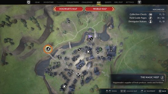 Hogwarts Legacy Magic Neep location: The in-game Hogwarts Legacy map, showing the location of the Magic Neep shop