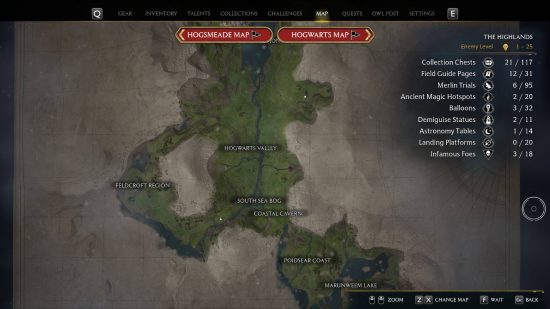 Hogwarts Legacy map: The middle section of the map