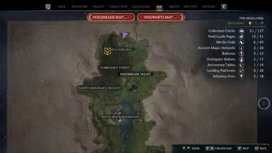 Hogwarts Legacy map: The top section of the map