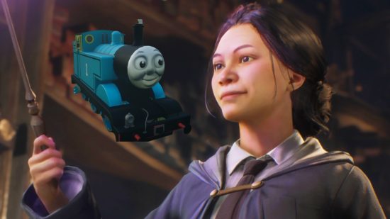 Hogwarts Legacy mod adds iconic Skyrim villain Thomas the Tank Engine: A young magical student holding a wand, looking at Thomas the Tank Engine in Harry Potter game Hogwarts Legacy