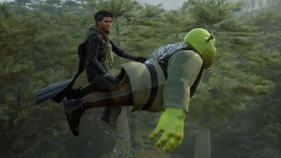 Beste Hogwarts Legacy Mods 2023: Ein Zauberer reitet die Rückseite von Shrek the Oger