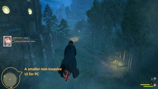 Beste Hogwarts Legacy Mods 2023: Ein Zauberer reitet einen Besen durch einen dunklen Wald