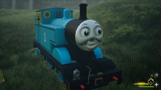 Beste Hogwarts Legacy Mods 2023: Ein blauer Zug mit einem Gesicht sitzt in einem Feld