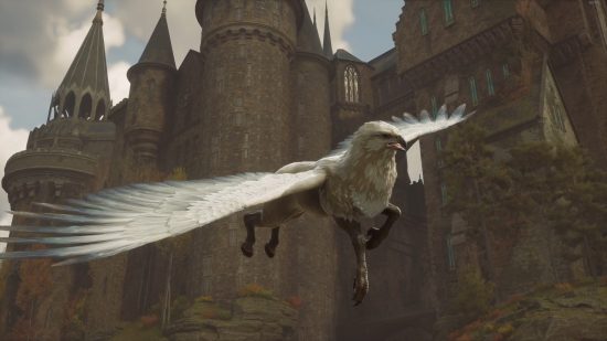 Hogwarts Legacy mounts: Highwing flying past Hogwarts