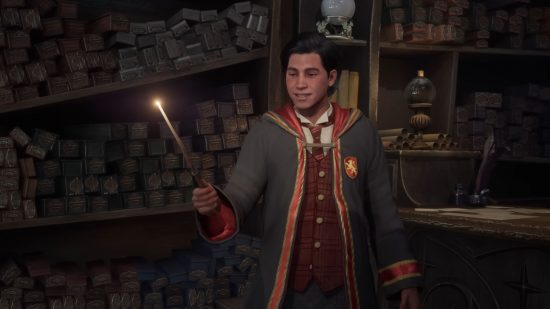Hogwarts Legacy sorting hat: A Gryffindor student chooses his wand, wearing crimson house robes.