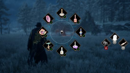 Hogwarts Legacy potions: the in-game wheel showing potions and other items to use in combat