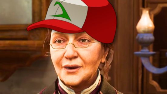 Hogwarts Legacy has shiny beasts like Pokemon: a professor from the Harry Potter RPG game Hogwarts Legacy wearing the Ash Ketchum hat from Pokemon