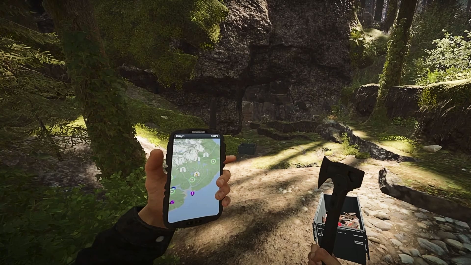 Sons of the Forest-Seilpistole: Der Eingang zur Höhle, in der Sie die Seilpistole finden können, die auf dem GPS-Tracker angezeigt wird.