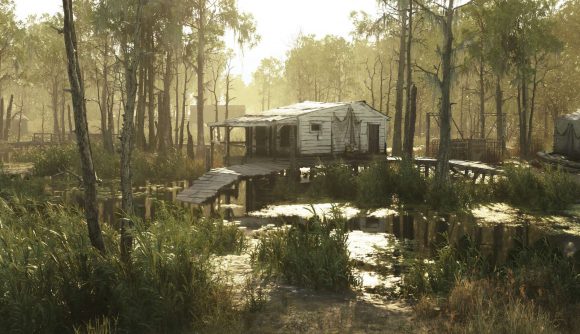 A creepy cabin sits in the middle of the marshes of Hunt: Showdown